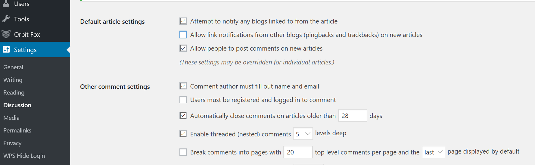 WordPress Comment Settings
